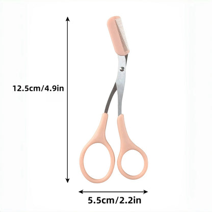 Pink eyebrow trimming scissors with built-in comb - stainless