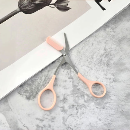 Pink eyebrow trimming scissors with built-in comb - stainless