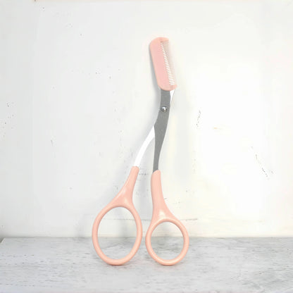 Pink eyebrow trimming scissors with built-in comb - stainless