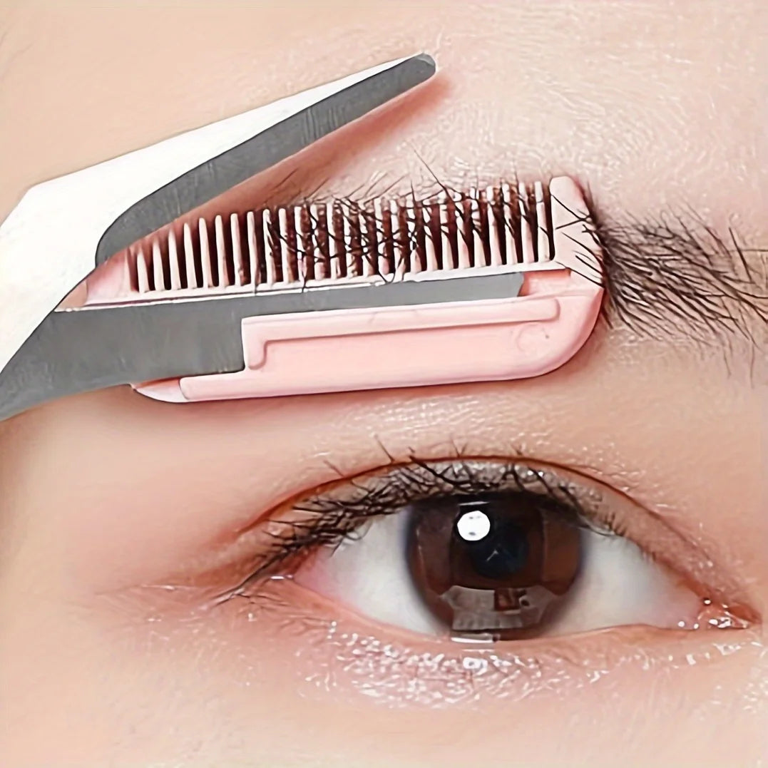 Pink eyebrow trimming scissors with built-in comb - stainless