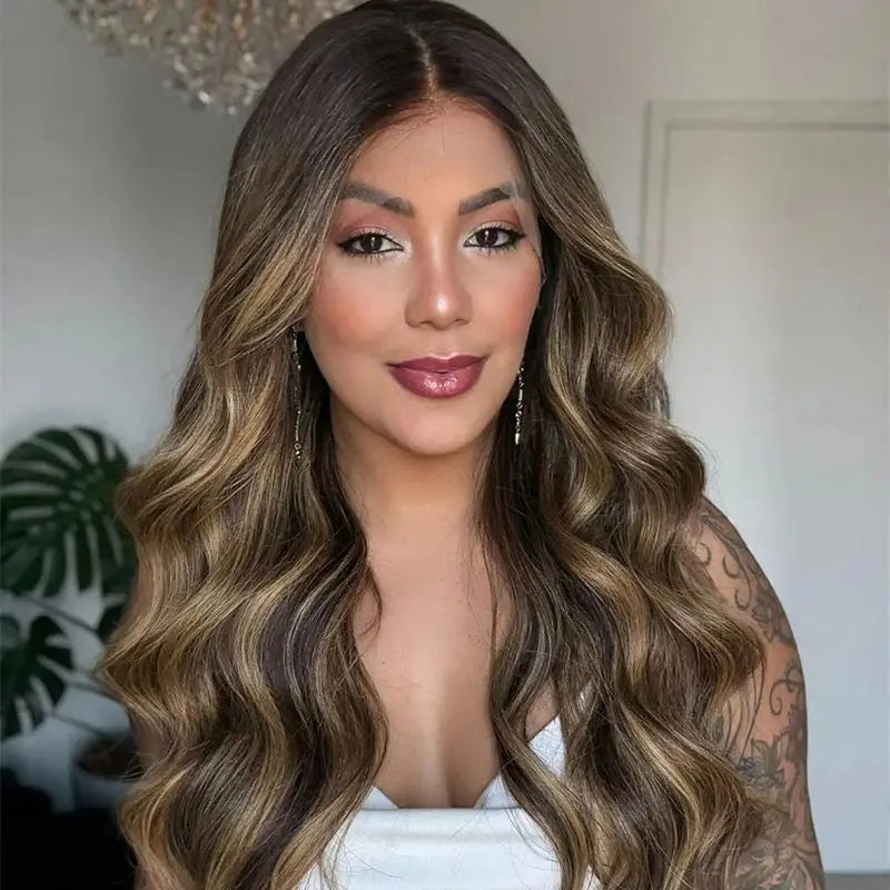 Ombre Chestnut Brown Blonde Balayage Wig Synthetic Lace