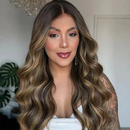 Ombre Chestnut Brown Blonde Balayage Wig Synthetic Lace