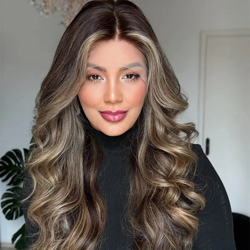 Ombre Chestnut Brown Blonde Balayage Wig Synthetic Lace
